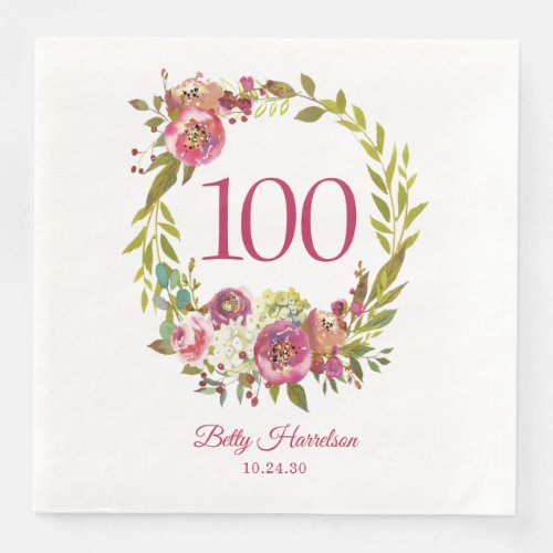 100th Birthday Pink Floral  Paper Dinner Napkins