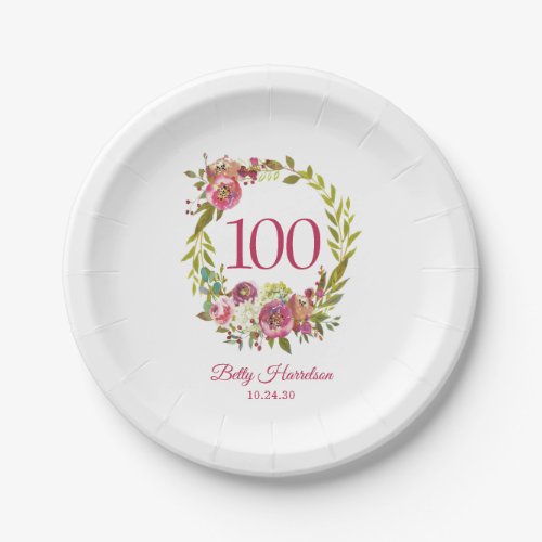 100th Birthday Pink Floral  Paper Plates