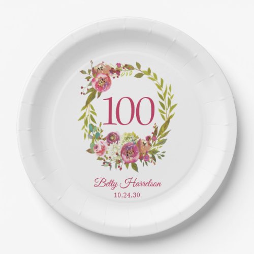 100th Birthday Pink Floral  Paper Plates