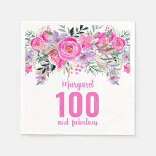 100th birthday pink floral party napkins