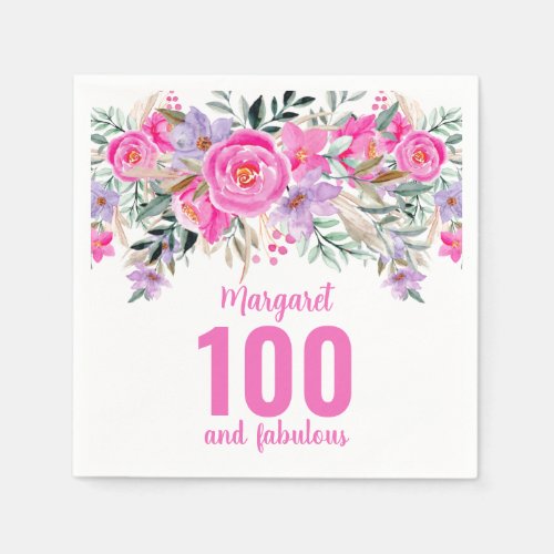 100th birthday pink floral party  napkins