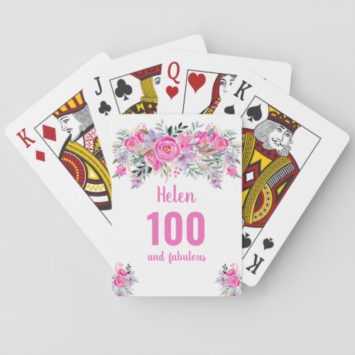 100th birthday pink floral playing cards
