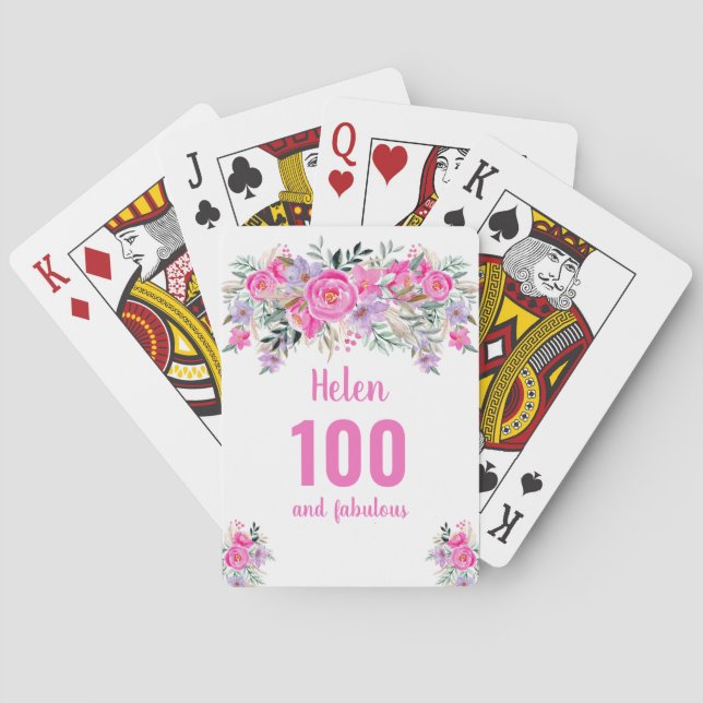 100th birthday pink floral playing cards (Back)