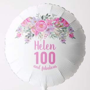 100th birthday pink floral script name balloon