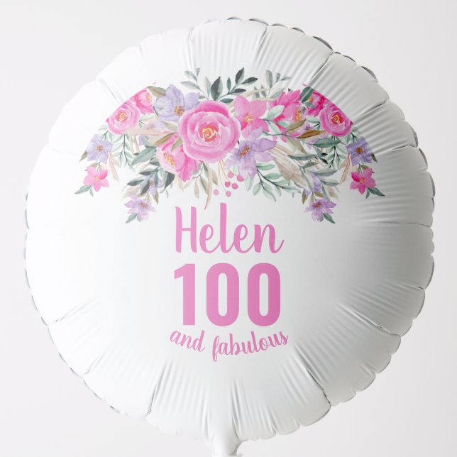 100th birthday pink floral script name balloon (Front)