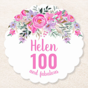 100th birthday pink floral script name paper coaster