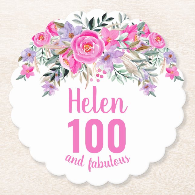 100th birthday pink floral script name paper coaster (Front)