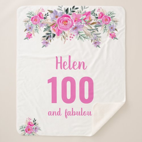 100th birthday pink floral sherpa blanket