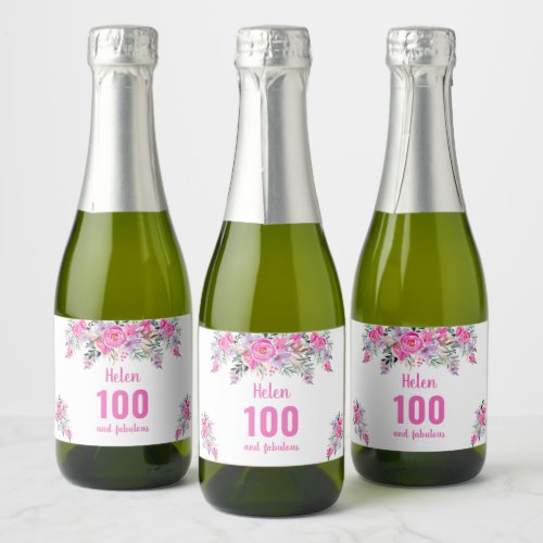 100th birthday pink floral sparkling wine label