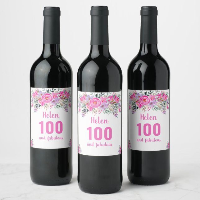 100th birthday pink floral wine label (Bottles)