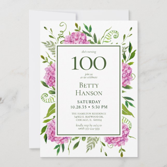 100th Birthday Pink Hydrangeas Card Request  (Front)