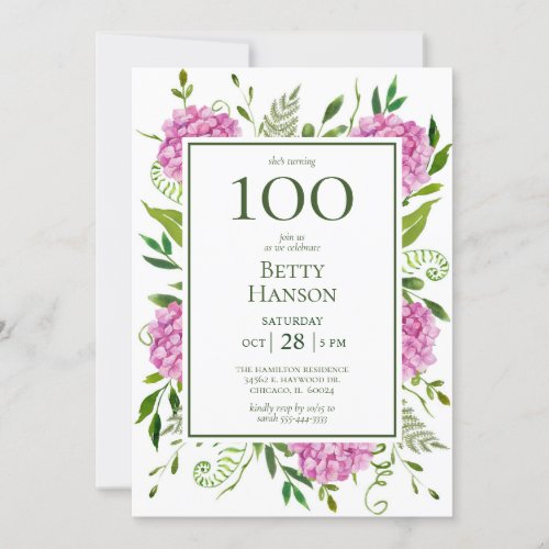 100th Birthday Pink Hydrangeas Invitation