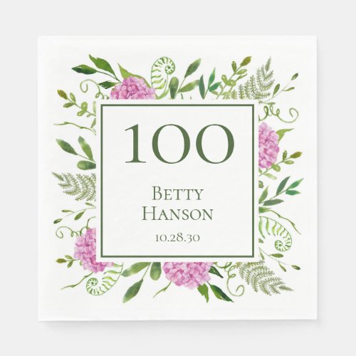 100th Birthday Pink Hydrangeas Napkins