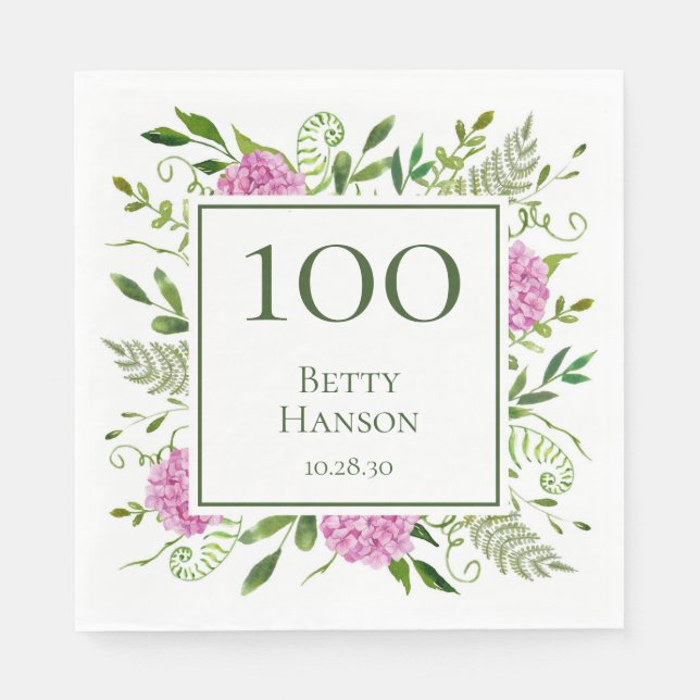 100th Birthday Pink Hydrangeas Napkins (Front)