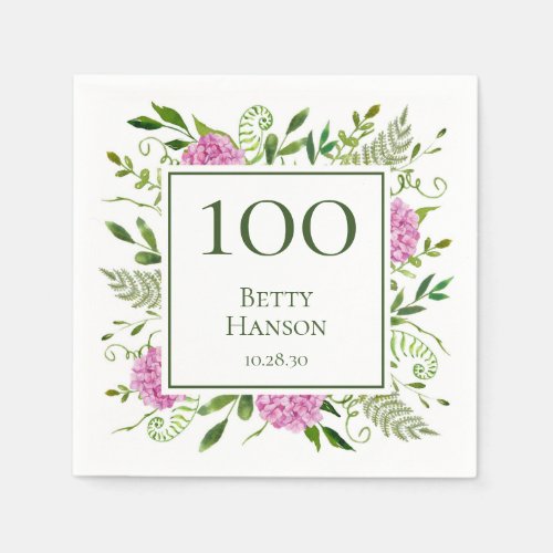 100th Birthday Pink Hydrangeas Napkins