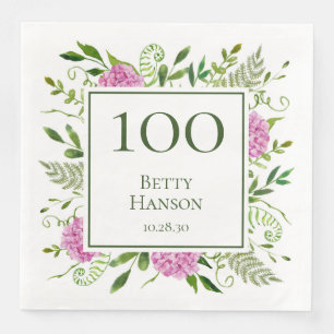 100th Birthday Pink Hydrangeas Paper Dinner Napkins
