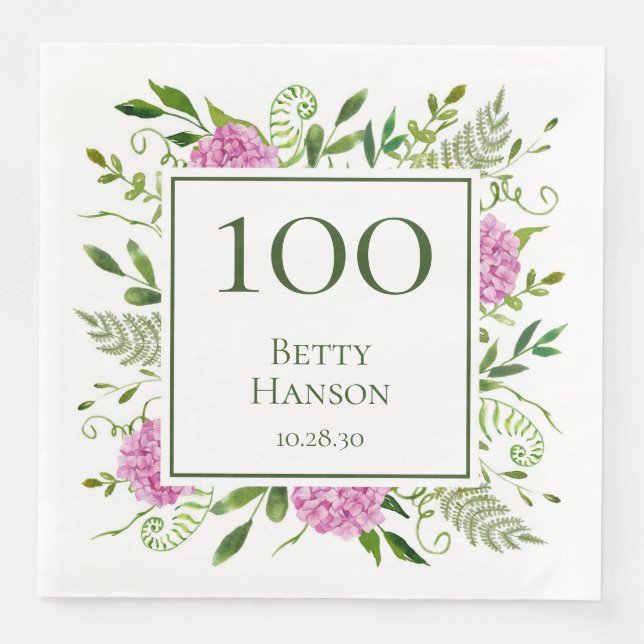 100th Birthday Pink Hydrangeas Paper Dinner Napkins (Front)