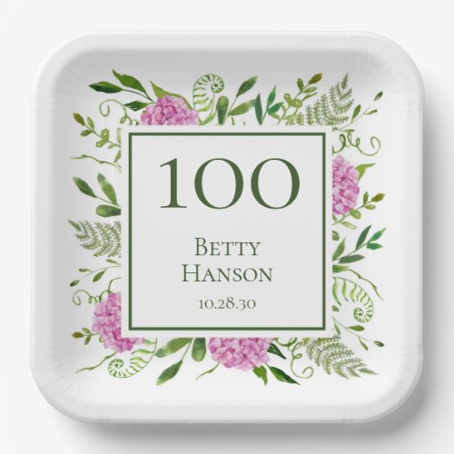 100th Birthday Pink Hydrangeas Paper Plates