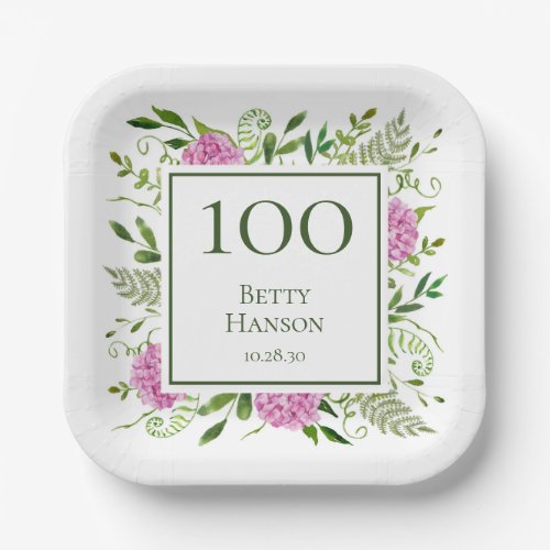 100th Birthday Pink Hydrangeas Paper Plates