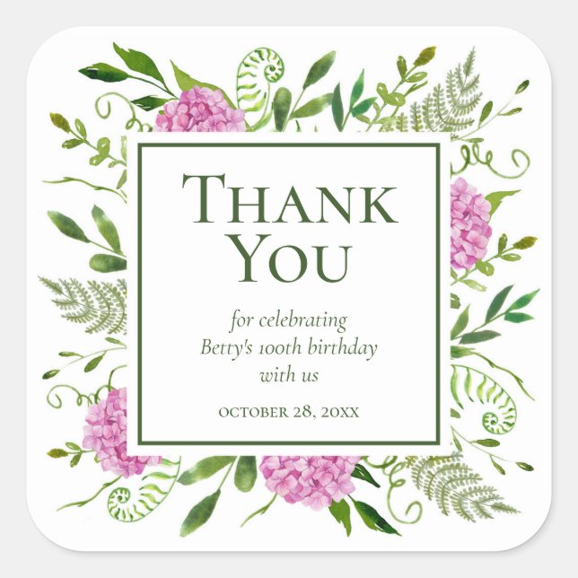 100th Birthday Pink Hydrangeas Thank You Square Sticker (Front)