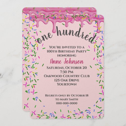 100th Birthday Pink Icing And Sprinkles Invitation
