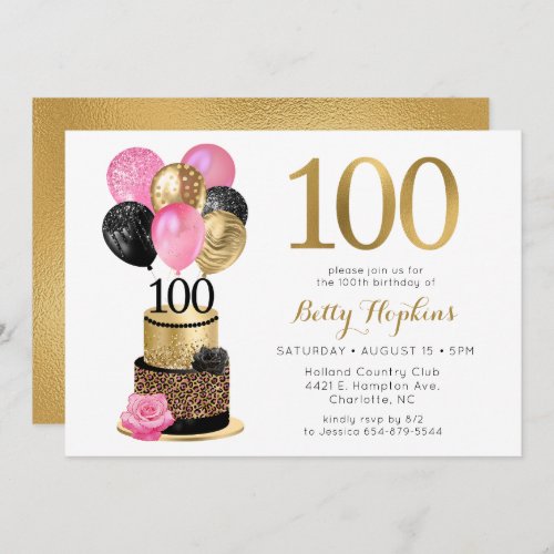 100th Birthday Pink Leopard Cake Invitation