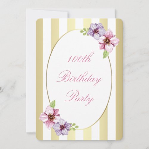 100th Birthday Pink Lilac Floral White Gold Stripe Invitation