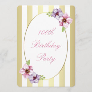 100th Birthday Pink Lilac Floral White Gold Stripe Invitation