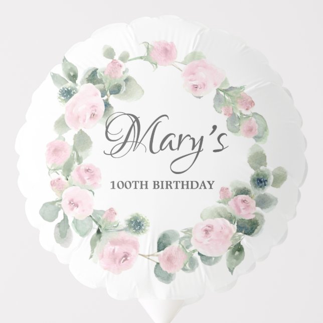 100th Birthday Pink Rose Floral Eucalyptus Wreath Balloon (Front)