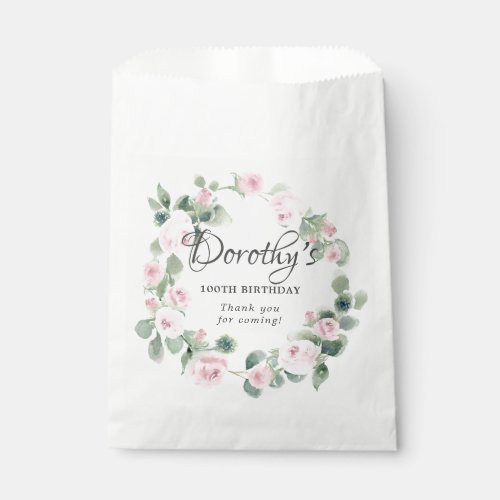 100th Birthday Pink Rose Floral Eucalyptus Wreath Favor Bag