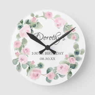 100th Birthday Pink Rose Floral Eucalyptus Wreath Round Clock