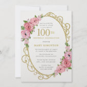 100th Birthday Pink Rose Floral Gold  Invitation (Front)