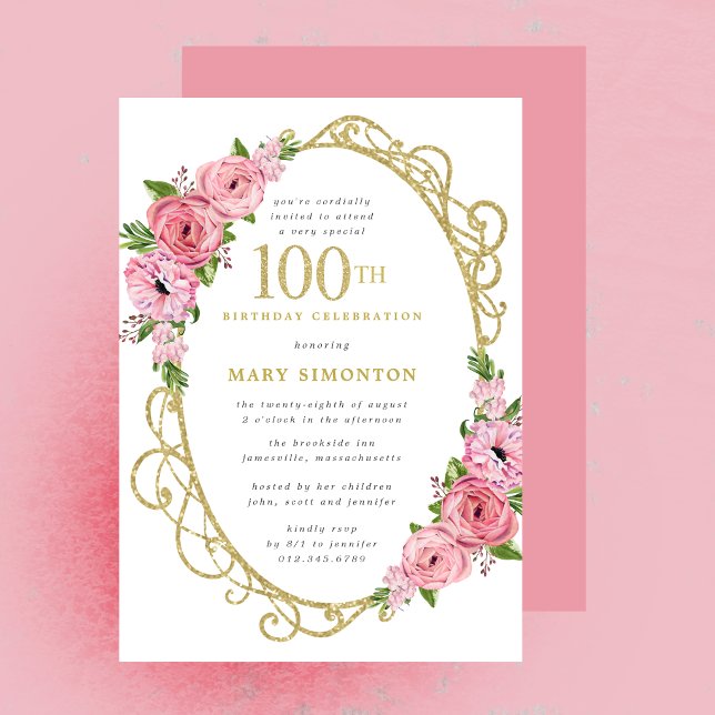 100th Birthday Pink Rose Floral Gold  Invitation