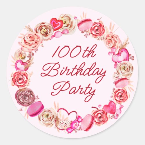 100th Birthday Pink Rose Swirly Heart Envelope Classic Round Sticker