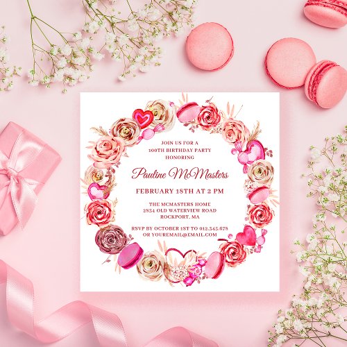 100th Birthday Pink Rose Swirly Heart Valentine Invitation