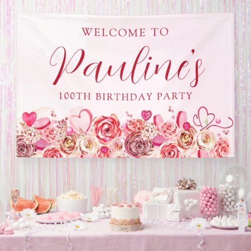 100th Birthday Pink Rose Swirly Heart Welcome Banner