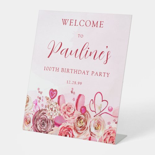 100th Birthday Pink Rose Swirly Heart Welcome Pedestal Sign