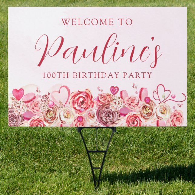 100th Birthday Pink Rose Swirly Heart Welcome Yard Sign (Insitu)