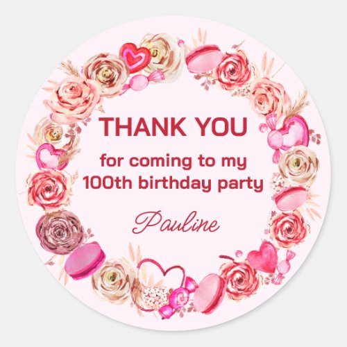 100th Birthday Pink Roses Swirly Heart  Classic Round Sticker