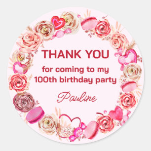 100th Birthday Pink Roses Swirly Heart Classic Round Sticker
