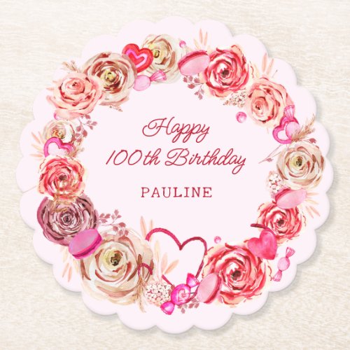 100th Birthday Pink Roses Swirly Heart Paper Coaster