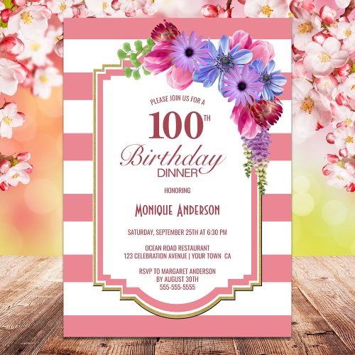 100th Birthday Pink Striped Purple Floral Party Invitation