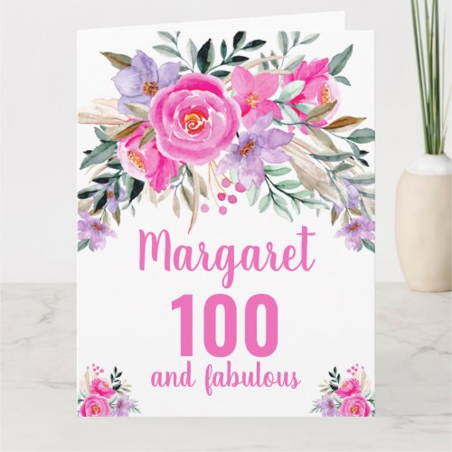 100th birthday pink watercolor floral  card