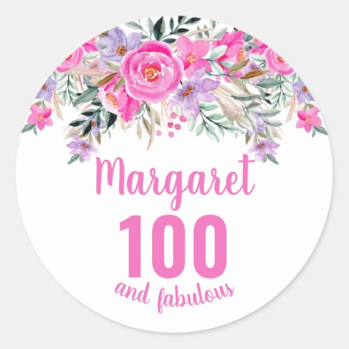 100th birthday pink watercolor floral  classic round sticker