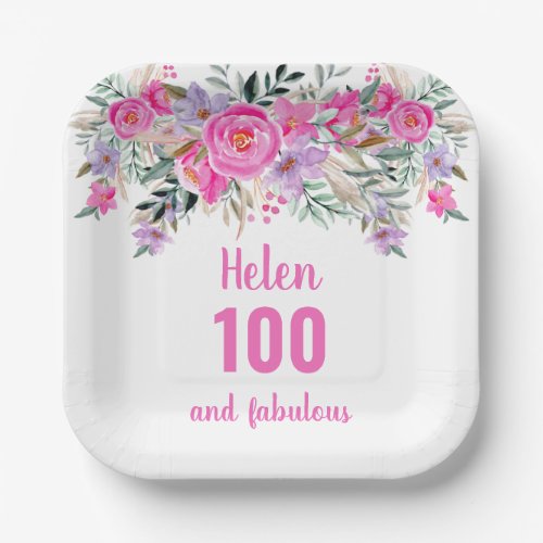 100th birthday pink watercolor floral  paper plates