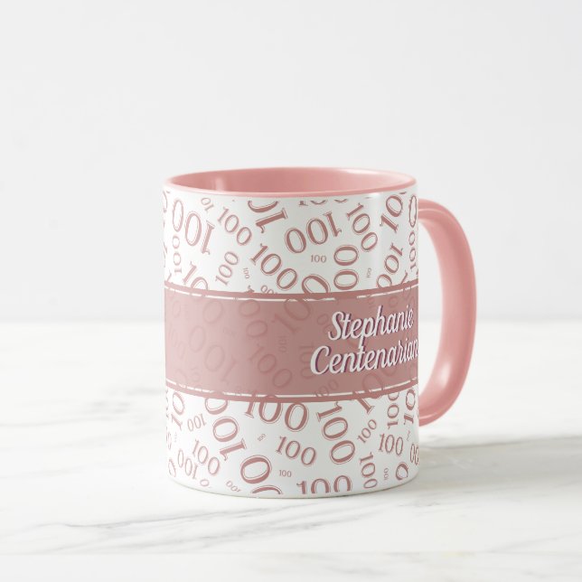 100th Birthday Pink & White Random Number Pattern Mug (Front Right)
