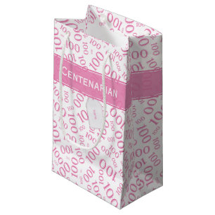 100th Birthday Pink/White Random Number Pattern Small Gift Bag