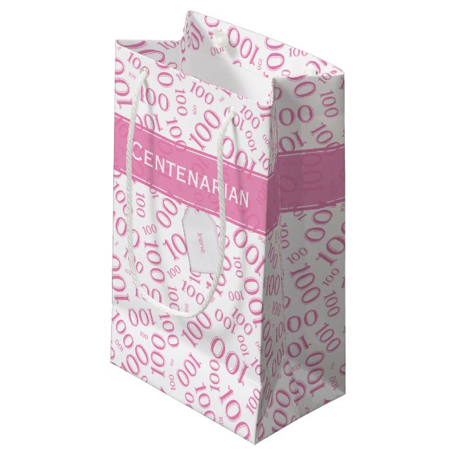 100th Birthday Pink/White Random Number Pattern Small Gift Bag (Front Angled)