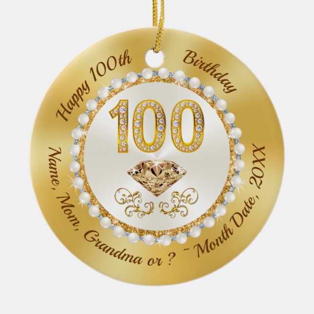 100th Birthday Presents for Her, 100th Birthday Ceramic Ornament (Front)