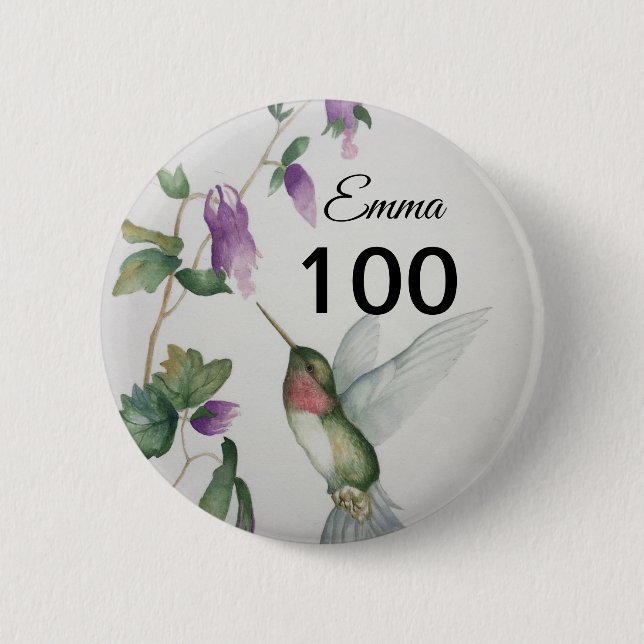 100th Birthday Pretty Bird Flowers Button (Front)
